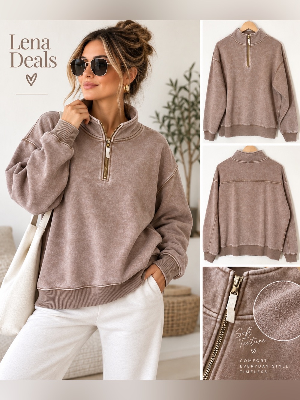 Zenana Vintage-Inspired Acid Wash Fleece Half Zip Sweatshirt Deep Camel
